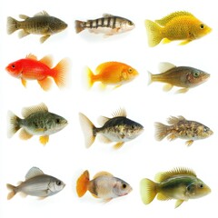 Variety of Freshwater Fish in Different Sizes and Colors