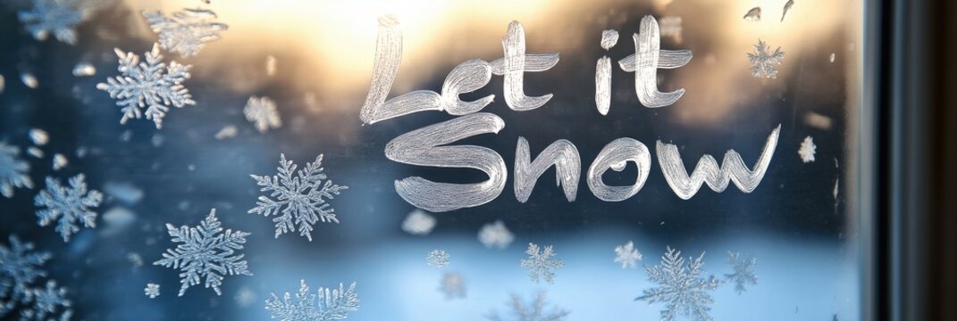 Let it Snow Text on Frosted Window with Snowflakes