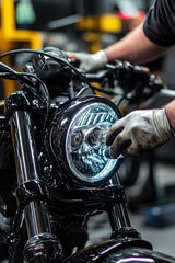 Motorcycle headlights being polished for maximum clarity