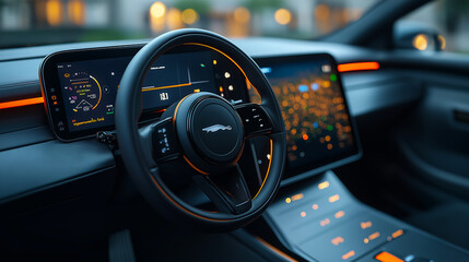 A cutting-edge futuristic car dashboard interface illuminated with sleek graphics and high-tech displays highlighting advanced driving features