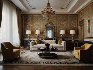 Generate a photorealistic image of a charming English-style living room with a warm color palette, showcasing patterned wallpaper, an ornate chandelier, and a mix of antique and contemporary furnishin
