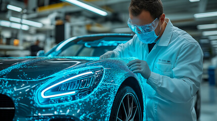 A skilled auto body specialist concentrates on repairing the dented exterior of a luxury vehicle in a high-end professional garage