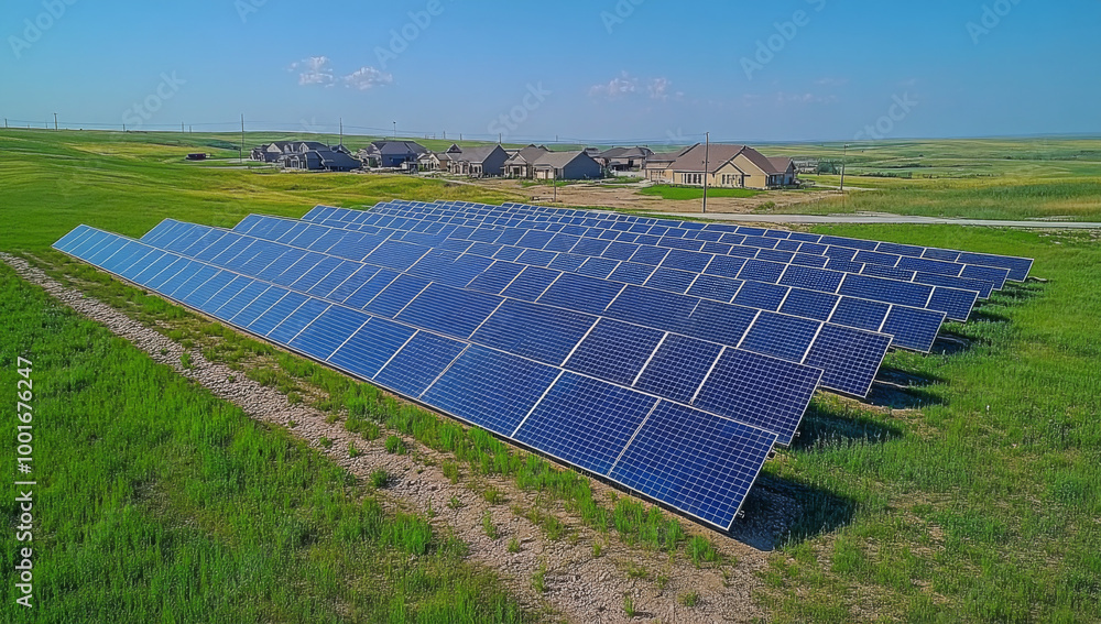 Wall mural solar panels in farm with sunlight to create clean renewable energy