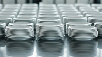 Rows of neatly stacked white porcelain plates