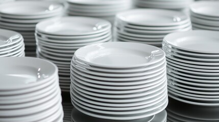 Obraz premium Neatly stacked white porcelain plates on reflective surface