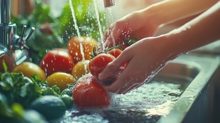 Fresh Vegetable Washing - Vibrant Colors and Clean Kitchen Scene