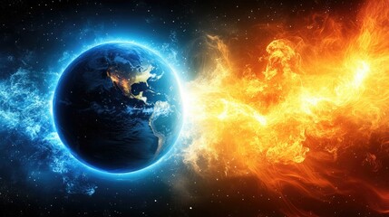 Obraz premium A blue and fiery Earth engulfed in flames with a starry background.