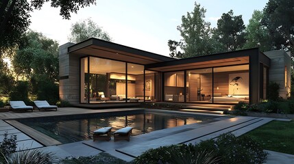 Fototapeta premium Modern Luxury Home with Swimming Pool and Large Windows