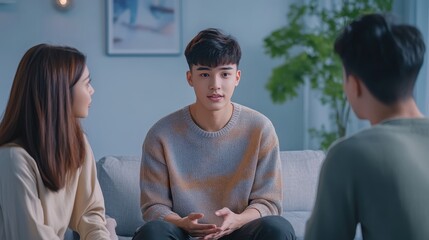 Authentic Asian Couple in Therapy Session with Psychologist, Highlighting the Importance of Mental Health Care in Relationships