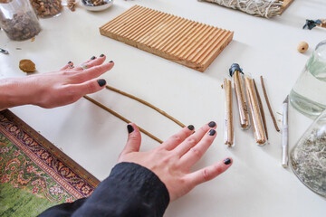 Closeup view of incense sticks.