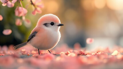 Fototapeta premium Adorable Pink Bird Perched on Cherry Blossom Petals in Soft Spring Light