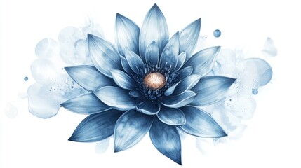 Obraz premium A blue lotus flower with a golden center against a white background with blue watercolor splatter.
