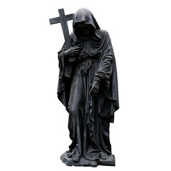 Dark angel statue holding a cross, isolated on a white background, conveying concepts of death, mourning, and the afterlife