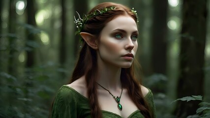 Elegant Forest Elf with Red Hair in Magical Greenery, Generative AI