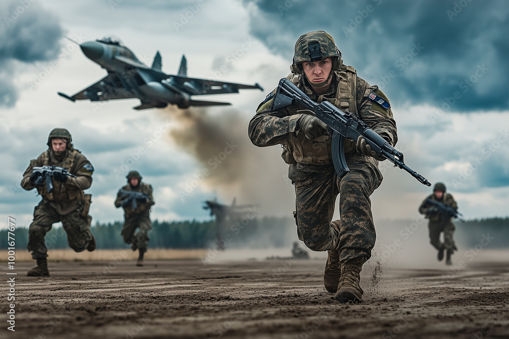 Wall mural Soldiers Advancing During Military Operation with Fighter Jet Support