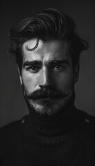 Obraz premium Dramatic Studio Portrait of a Man with Perfectly Groomed Mustache in Black and White