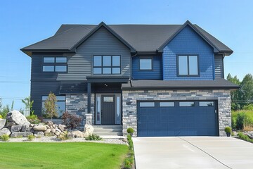 Fototapeta premium A large blue house with a black garage door, generative ai image