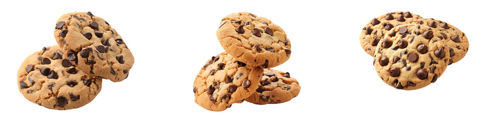 Collection set of Chocolate chip cookies isolated on transparent background, cut out png