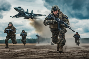 Soldiers Advancing During Military Operation with Fighter Jet Support