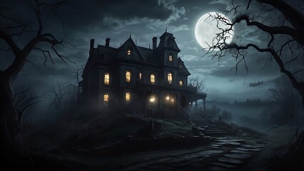 Haunted Mansion at Night Under Full Moon with Dark Atmosphere, Generative AI