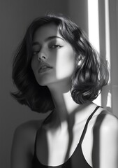 Black and White Portrait of Young Woman with Sunbeams in Window