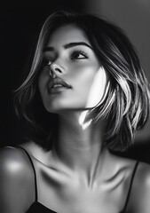 Naklejka premium Black and white portrait of a young woman with short hair looking up