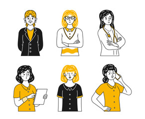 Collection Of Doodle Female Characters Featuring Diverse Business People. Linear Vector Illustration Show Various Women