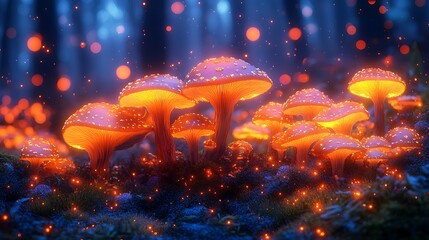 Fototapeta premium Glowing mushrooms in a magical forest with blue light and red bokeh. Fantasy nature background