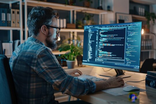 He is typing on a keyboard and he is focused on his work,generative ai image