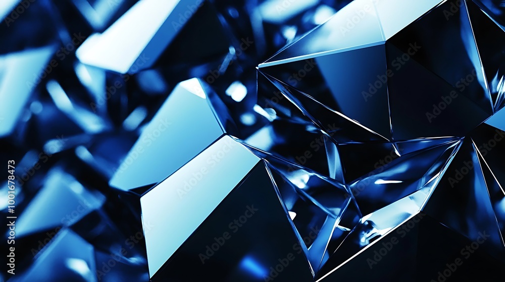 Poster abstract blue 3d geometric background with sharp shiny crystal shapes