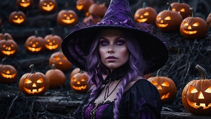 A purple witch purple glowing eyes pumkin lantern
