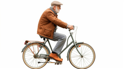 Obraz premium Elderly man riding a bicycle isolated on white background