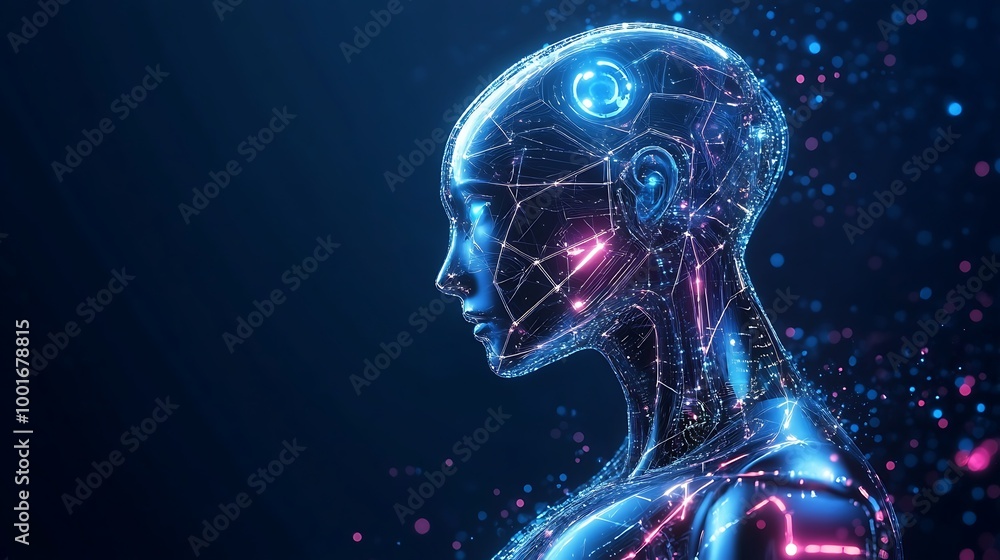 Poster futuristic ai humanoid robot with glowing lines and particles. concept of artificial intelligence an