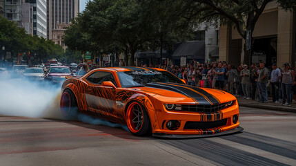 A sports car powers down the street at high speed creating an intense sense of motion as it races past buildings under the city lights