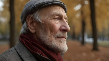 A portrait of an older gentleman in park, lonely and sad looking