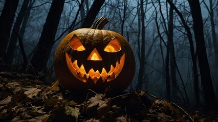 An eerie glowing jack-o'-lantern with a terrifying look, Generative AI.