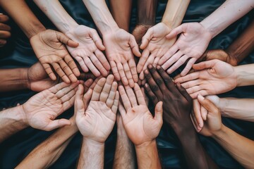 A group of people with different skin tones are holding hands in a row, generative ai image