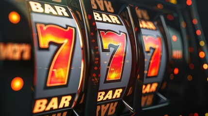A close-up shot of a slot machine with three spinning reels, showing illuminated triple sevens and "bar" symbols, suggesting a winning combination.