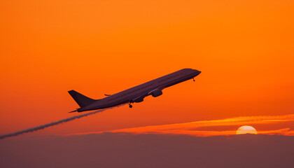 A commercial airplane flying through an orange sky during sunset, leaving a trail of white exhaust behind and Copy Space