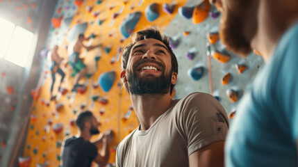 Happy Man Climbing in Indoor Gym Encouraged by Friends, Emphasizing Camaraderie and Adventure