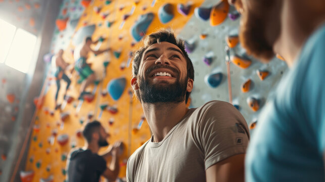 Happy Man Climbing in Indoor Gym Encouraged by Friends, Emphasizing Camaraderie and Adventure - Powered by Adobe