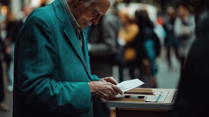 Elderly man in teal suit reads leaflet at interactive exhibition, showing curiosity and engagement. Surrounded by modern technology, he reflects wisdom and experience