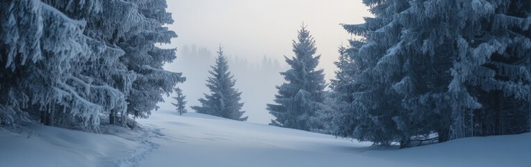 Obraz premium Snow-covered forest pathway in a serene, wintry landscape during early morning light. Wide web banner.