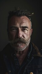 Fototapeta premium Intense Portrait of Bearded Man with Thick Mustache and Piercing Blue Eyes in Dramatic Lighting