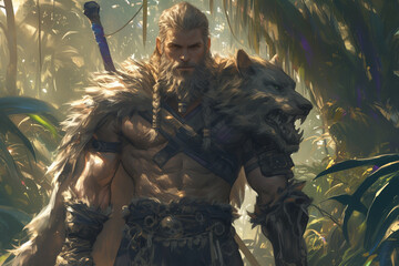 stalwart barbarian with a wolf pelt over shoulder stands vigilant in the jungle