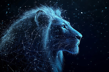 background featuring the Leo, with glowing lines and intricate data connections representing cosmic energy and modern technology.