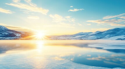 Fototapeta premium A breathtaking winter landscape with a frozen lake, snow-capped mountains, and a golden sunrise.