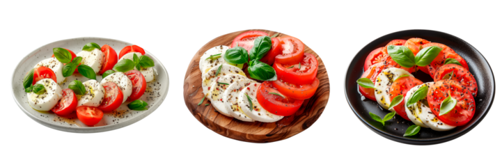 A set of three Caprese salad presentations made with fresh mozzarella, tomatoes, and basil, garnished with black pepper, served on different plates, isolated on a transparent background