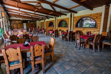 Inside view on restaurant, pub vintage wooden interior