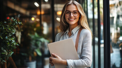 Fototapeta premium A young businesswoman smiles brightly while holding her laptop.